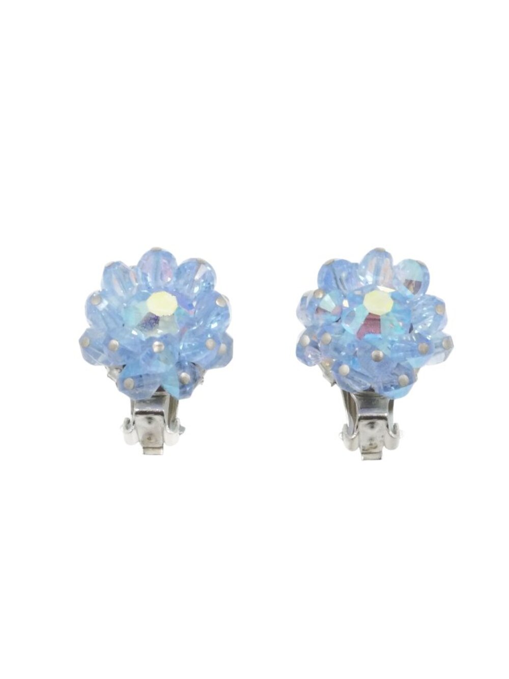 Hobe Blue Aurora Borealis Crystal Flower Clip Earrings Vintage 1"